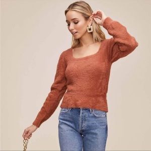 ASTR The Label Square Neck Fuzzy Top with Puffed Sleeves in Rust
